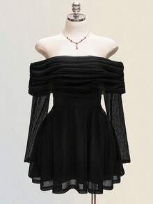 SHEIN ICON Váy trễ vai màu trơn thanh lịch cỡ lớn cho nữ - màu đen - Xem 3