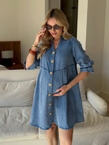 SHEIN Maternity Casual Washed Front Button Notched Neck Denim Dress Spring To Summer Valentine's Day Carnival Costume Commuting Vacation Graduation Chic Y2k Cute Streetwear Coquette Party Wedding Elegant Business Casual Woman Chic Women's Denim Swing Dress V Neck Button Front Maternity Style With 3 4 Gathered Sleeves - Blue - View 3