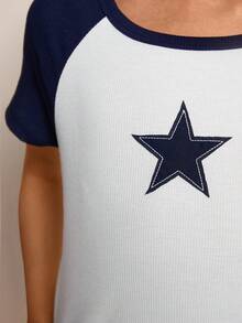 Radiana Tween Girls' Casual Simple Comfy Patchwork Contrast Star Print Round Neck T-Shirt - Blue - View 5