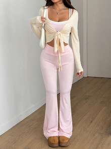 FavEase 2pcs/Set Pink & White Splice Crop Top Camisole & Retro Flare Leg Pants, Knitted Stretchy Comfortable Women Yoga Fitness Tennis Casual Running Daily Minimalist Versatile Outfit, Spring/Summer - Pink - View 6