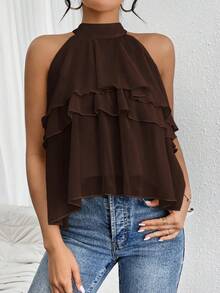 Firerie Loose Neck Ruffle Asymmetrical Chiffon Blouse - Coffee Brown - View 5