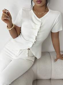 Elenzga Spring/Summer New Arrival Round Neck Long Sleeve Pleated Tie-Front Cropped Asymmetric Cardigan For Women - White - View 7