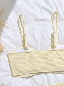 Teen Girl Swimwear, Yellow Striped 3 PiecesSwimwear Set With Drawstring Skirt, Simple & Elegant Student Beach Swimwear - Yellow - View 5