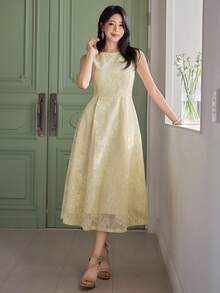 DAZY 女士优雅印花无袖连衣裙，夏季婚礼宾客礼服 - 黃色 - 查看 4