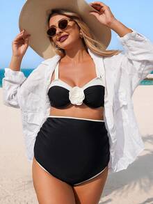 SHEIN Schwangeren Frauen Sommer Strand Farbblock Blumen Dekor Sexy Bikini Bademode Set 2026 Frühjahrsferien Outfits Sommer Strand Outfit für Frauen Urlaub - Aprikosenfarben - Übersicht 5