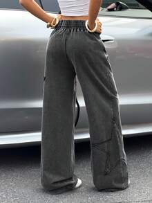 Muchica 女士复古水洗星形贴片宽松运动裤 - 黑色 - 查看 2