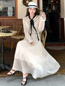 DAZY Đầm midi nữ kiểu dáng thường ngày, xếp ly, buộc dây, thích hợp cho tiệc tùng, sinh nhật, kiểu dáng mùa hè tươi trẻ. - Màu be - Xem 2