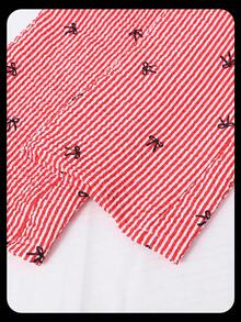 女孩粉色条纹蝴蝶结印花泡泡纹理腰带白色撞色系带宽松裤 - 紅色 - 查看 7