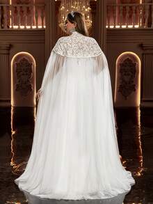 Glamrae Plus Size Elegant Luxurious Romantic White Beaded Embroidery Mesh Splice Chinese Collar Design Flowing Maxi Skirt Wedding Bridal Gown Plus Size Bridal Dress Dress With Cape Bridal Cape Dress White Gown With Cape Plus Size White Dress White Gown For Women Plus Size Fairy Dress - White - View 5
