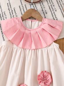 SHEIN LMoss Kids 少女撞色荷叶边碎花休闲连衣裙 - 黑與白 - 查看 5