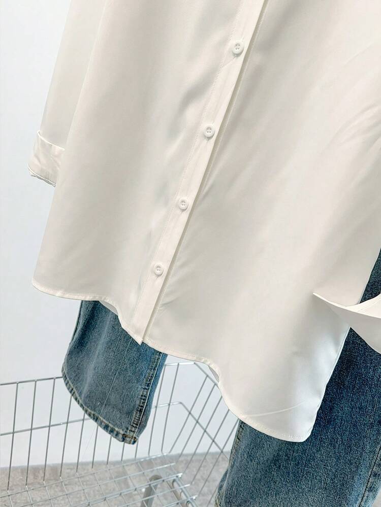 Airaco Women Solid Color Simple Style Button-Up Daily Shirt Fall Cloth For Women - White - View 4