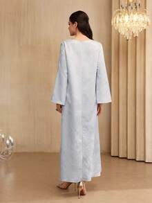 Al Najma 提花纹理串珠领优雅宽松长袖连衣裙 - 藍色 - 查看 2