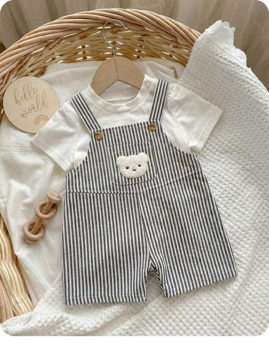 新生男宝宝休闲可爱卡通图案条纹围兜连体衣 - 彩色 - 查看 1