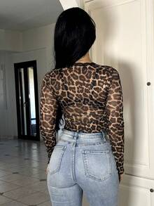 Vassilux Open Front Leopard Print Mesh & Lace Contrast,Ladies Sexy Contrast Lace,Tie Front Flare Sleeve V Neck Regular Fit Brown All Over Print,Animal,Leopard Print,Textured Pattern Women Tops,Spring/Fall,Casual Daily Wear Y2K Outfit  - Brown - View 2