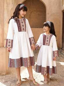 SHEIN Tween Girl Spring & Summer Casual Vacation Retro Stripes & Geometric Retro Print Patchwork Flare Sleeve Ruched Hem Long Dress - Burgundy - View 5