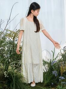 DAZY Tween Girls Crew Neck Textured Short Sleeve Midi Dress - Beige - View 4