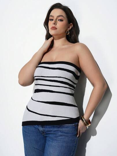 Maija PLUS SIZE Women Apricot & Black Dual Color Design Versatile Modern Urban Fashion Asymmetrical Hemline Knit Top, Business Casual Office Striped Tube Top Tube Tops Women Strapless Tops Long Tube Top Business Casual Women's Wear, Office Wear, Low-Key Old Money Style, Effortless Temperament, High-End Urban Commuting,