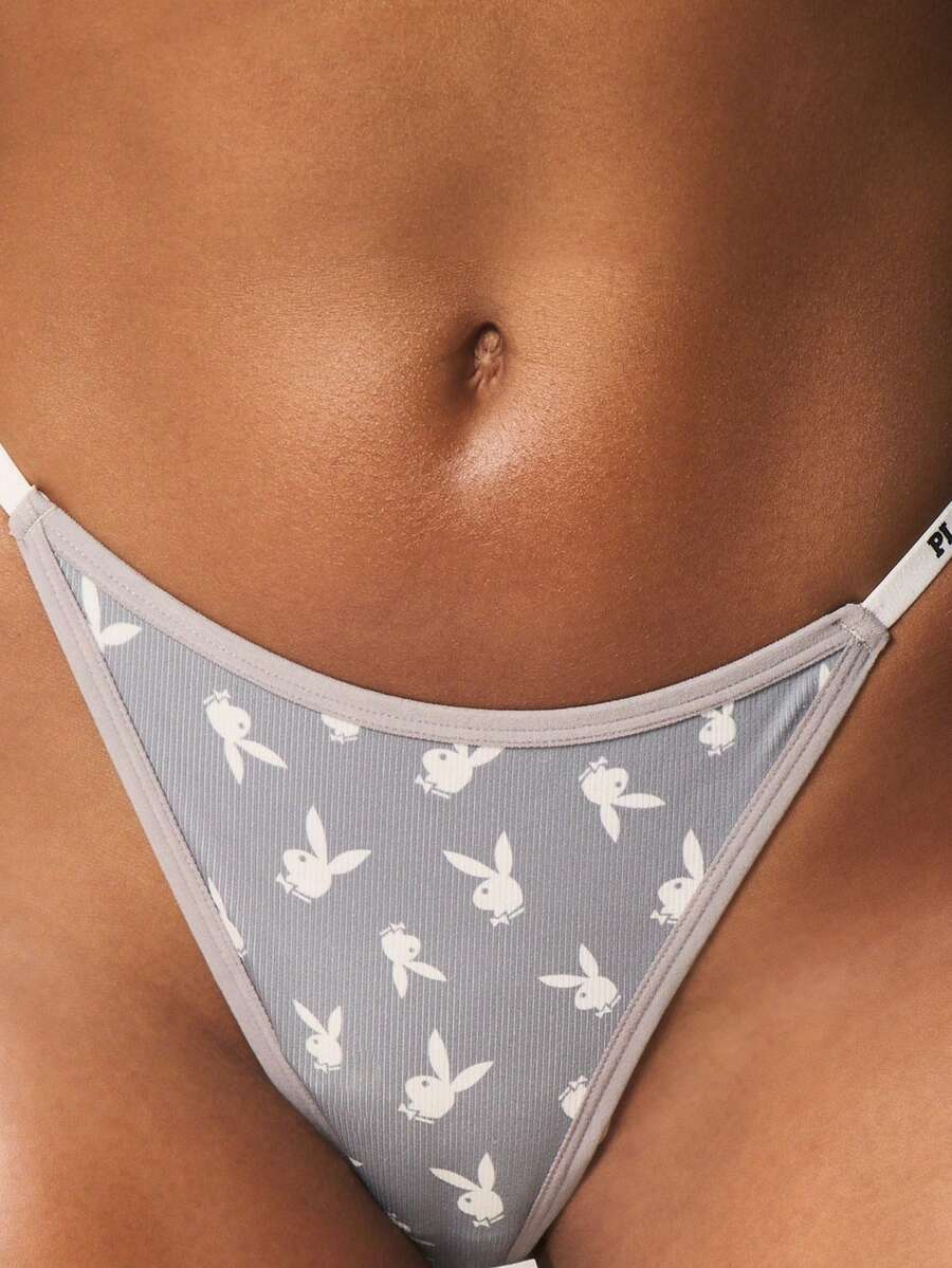 Missguided x Playboy 罗纹丁字裤，饰有兔子图案，弹性腰带设计，日常穿着舒适。 - 深灰色 - 查看 1