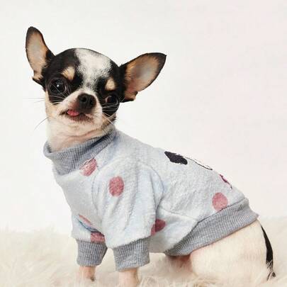 PETSIN 1 pieza Sudadera de franela con estampado de lunares y cara de perro con flores para otoño e invierno, ropa de mascota gruesa y cálida