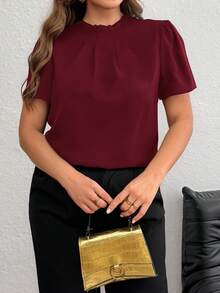 Firerie Plus Size Women's Solid Color Pleated Puff Sleeve Elegant Blouse Formal Tops Formal Top Maroon Tops Modest Tops Office Tops For Women - Burgundy - View 5