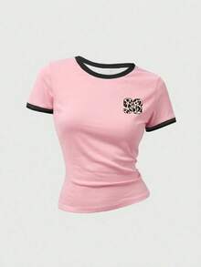 少女休闲简约修身圆领短袖高腰露脐常规T恤，适合夏季穿着 - 彩色 - 查看 3