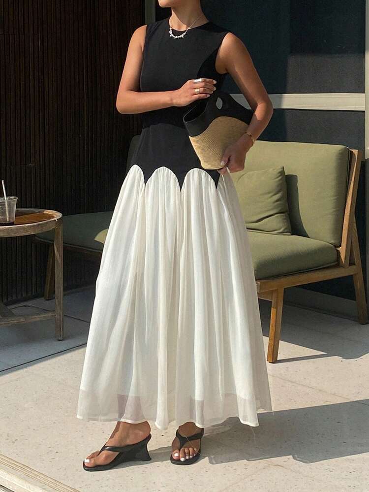 Women's Elegant Commuter Colorblock Sleeveless Midi Dress, Summer Wedding Guest Dress Sundress