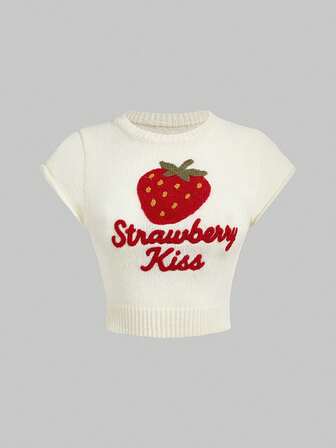 Cute Retro Strawberry Embroidery Knit Cropped Top, Midriff-Baring Short Sleeve Sweater With Youthful Vibe, Versatile Knit Cardigan