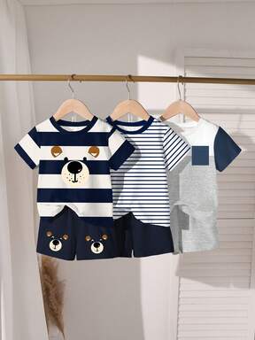 SHEIN Explorewe 6pcs/Set Toddler Boys' Casual Bear Print Round Neck Short Sleeve T-Shirt And Shorts Set, Including 1 Navy Blue Striped Top, 1 Gray Patchwork, 1 Navy Blue Fine Stripe, Suitable For Outdoor Sports, Daily Wear, Spring, Summer, Autumn