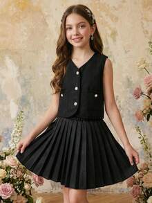 SHEIN 少女无袖蝴蝶结开衫上衣和百褶裙优雅夏季套装 - 黑色 - 查看 3