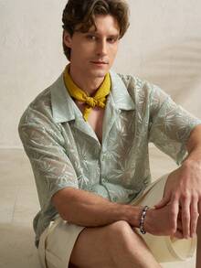 Airaco Áo sơ mi nam tay ngắn, màu trơn, cài cúc phía trước, chất liệu lưới xuyên thấu, khoét lỗ. - màu xanh lá - Xem 7