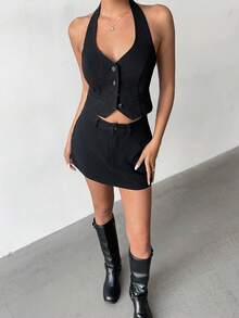 Aloruh Bộ áo hở lưng cài nút phía trước và chân váy denim thường ngày cho nữ - màu đen - Xem 4