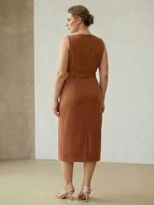 MOTF PREMIUM PLUS ELEGANT BOAT NECK SLEEVELESS STRAIGHT MIDI DRESS - Brown - View 2