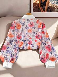 GlowEve CURVE Blusa holgada con estampado floral, mangas farol y contraste de color, estilo casual de vacaciones para mujer talla grande, primavera/otoño - Multicolor - Ver 2