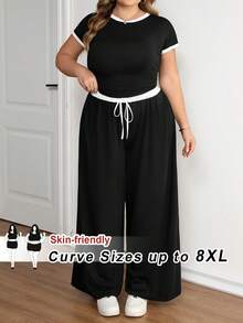 SHEIN CURVE+ Bộ áo thun và quần dài phối màu đen trắng tương phản dành cho nữ cỡ lớn. - màu đen - Xem 9