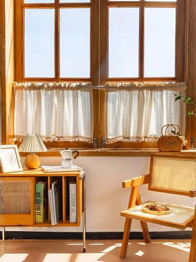 Cirelle 일본 레트로 크림 쉬어 도어 커튼 – 드릴 없는 하프 윈도우 패널, 현관, 주방 및 작은 창문을 위한 빛 필터링 프라이버시 커버, 미니멀리스트 홈 데코