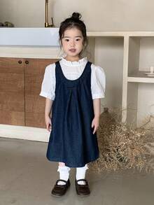 DAZY Baby Girl Vintage Korean Style Washed Bib Dress Toddler Girls Clothes - Dark Wash - View 3