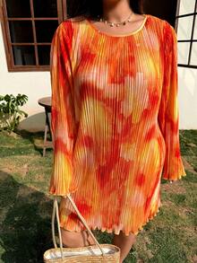SHEIN EZwear 大码女式印花圆领长袖时尚连衣裙 - 橘色 - 查看 6