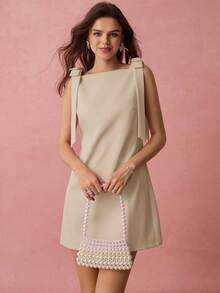 Enchnt Đầm ngắn nữ màu trơn cổ vuông không tay thiết kế tối giản - Màu Khaki - Xem 5