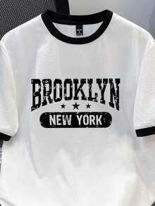 Manfinity Joysei Camiseta de Manga Curta Casual com Estampa Gráfica Brooklyn EUA para Homens, Essencial para Encontros e Reuniões, Adequada como Presente para Namorado - Preto e Branco - Visão 2