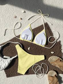 Swim Mod 2026 Spring/Summer Women's Spaghetti Strap Halter Unique Fabric Blue Sexy Vacation Side High Cut Bikini Swimsuit 2-Piece Set Triangl Bikini Textured Bikini Bikini Set Summer Butter Yellow Bikini Lemon Bathing Suit Lemon Bikini Yellow Bikini - Light Yellow - View 2