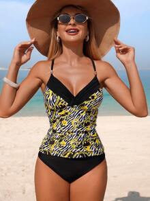 Swim Lushoire Bộ đồ bơi 2 món dành cho nữ, kiểu dáng thường ngày, cổ chữ V, họa tiết da báo, đính hạt ngẫu nhiên, gồm áo hai dây và bikini, thích hợp cho kỳ nghỉ hè. - Nhiều màu - Xem 5