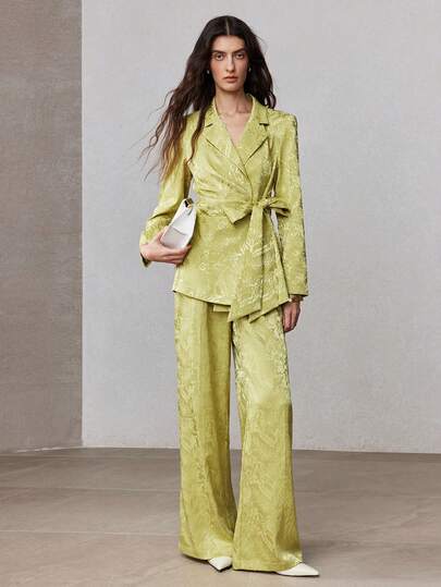 ZEYLAH Women's Jacquard Cinched Waist Loose Blazer, Spring