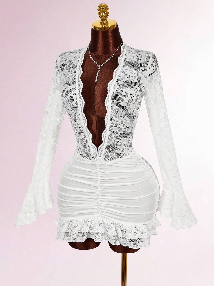 Amplova Christmas Vibe Deep V Waist Cinched Bodycon Mini Dress - White - View 1