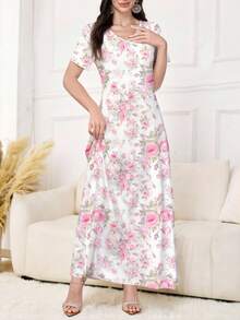 Al Najma 女士优雅V领短袖印花针织连衣裙，适合外穿或叠穿，是约会、度假、日常休闲、派对、节日、春夏的理想之选。 - 粉色 - 查看 3
