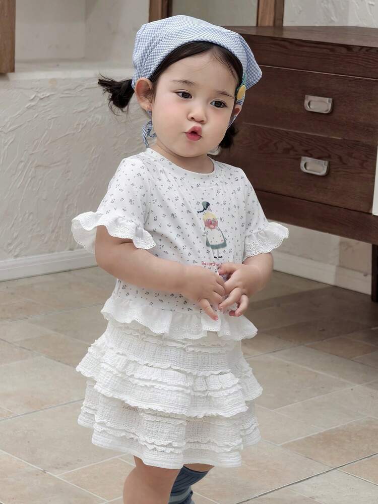 Toddler Girls' Round Neck All-Over Korean Style Allover Print Long Sleeve Top