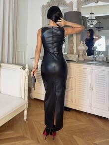 Ronhire Sleeveless PU Leather Long Bodycon Dress For Women - Black - View 2