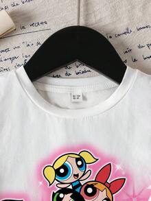 THE POWERPUFF GIRLS X SHEIN 年轻女孩休闲日常通勤百搭可爱卡通字母星星印花短袖白色T恤 - 白色 - 查看 4