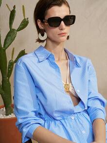 Airaco 女士休闲通勤条纹短袖衬衫 - 藍色 - 查看 5