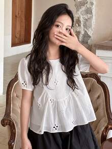 Dazy Kids Tween Girl Eyelet Embroidery Puff Sleeve Peplum Top - White - View 6