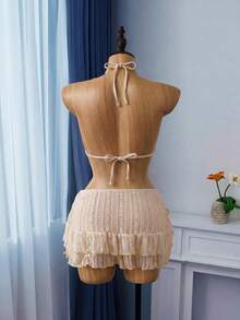 Bellisia 女士甜杏色蕾丝三角罩杯比基尼泳衣沙滩裙套装，夏季 - 杏色 - 查看 2